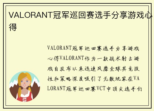 VALORANT冠军巡回赛选手分享游戏心得