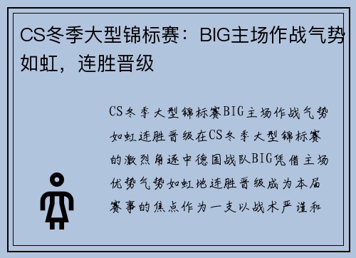 CS冬季大型锦标赛：BIG主场作战气势如虹，连胜晋级
