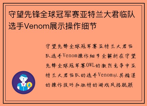 守望先锋全球冠军赛亚特兰大君临队选手Venom展示操作细节